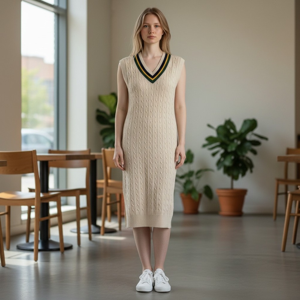 Polo Ralph Lauren Sweater Dress Womens L Cream Cable Knit Cricket V-Neck Striped